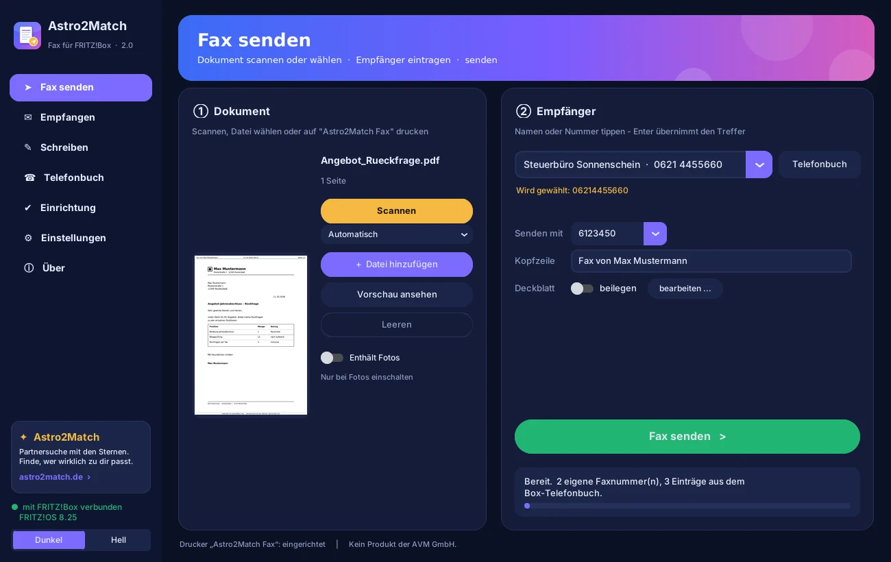 Astro2Match Fax: Fenster zum Fax senden mit Dokument und Empfänger